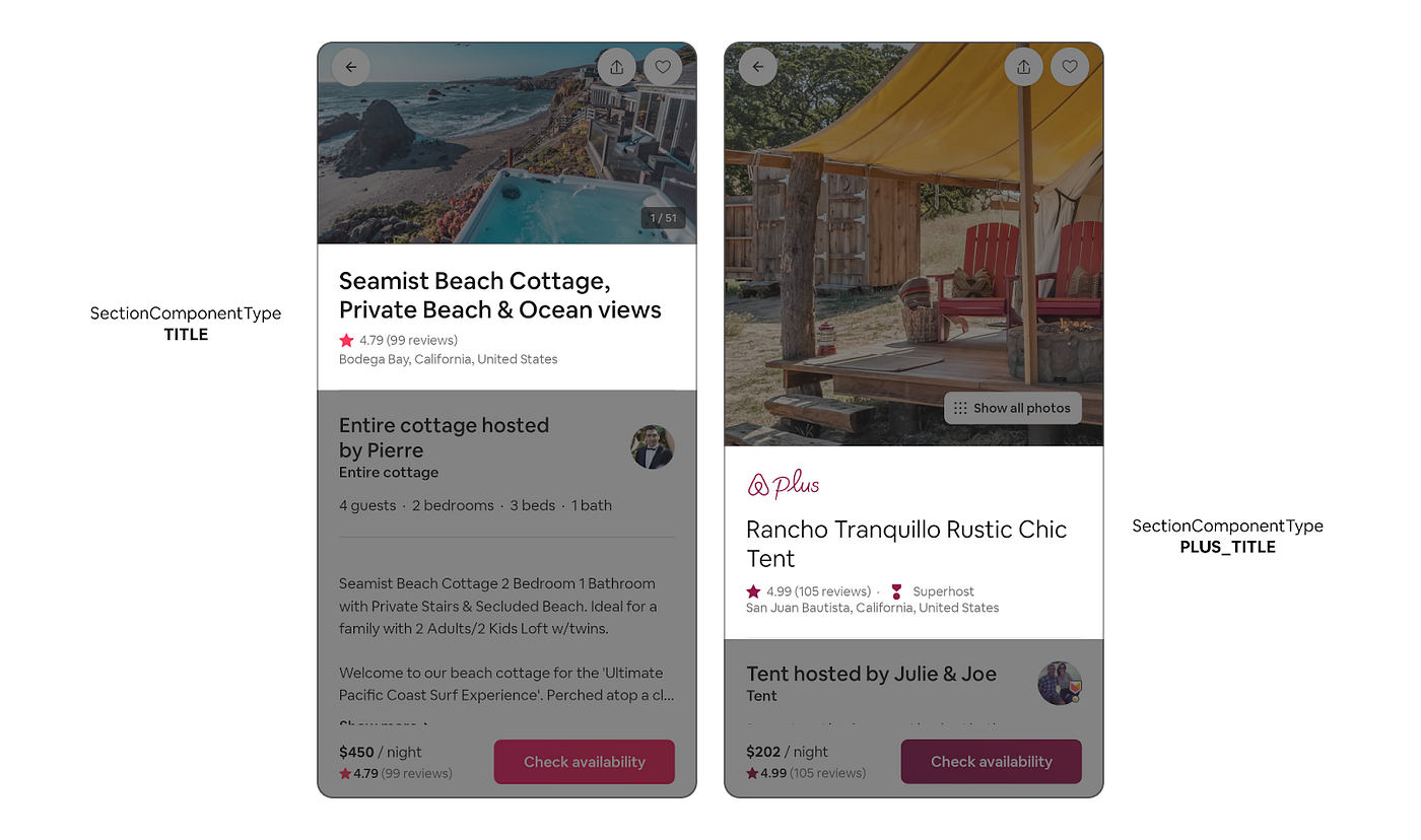 Two Airbnb listing screens rendering the same TitleSection data with different SectionComponentTypes, TITLE and PLUS_TITLE